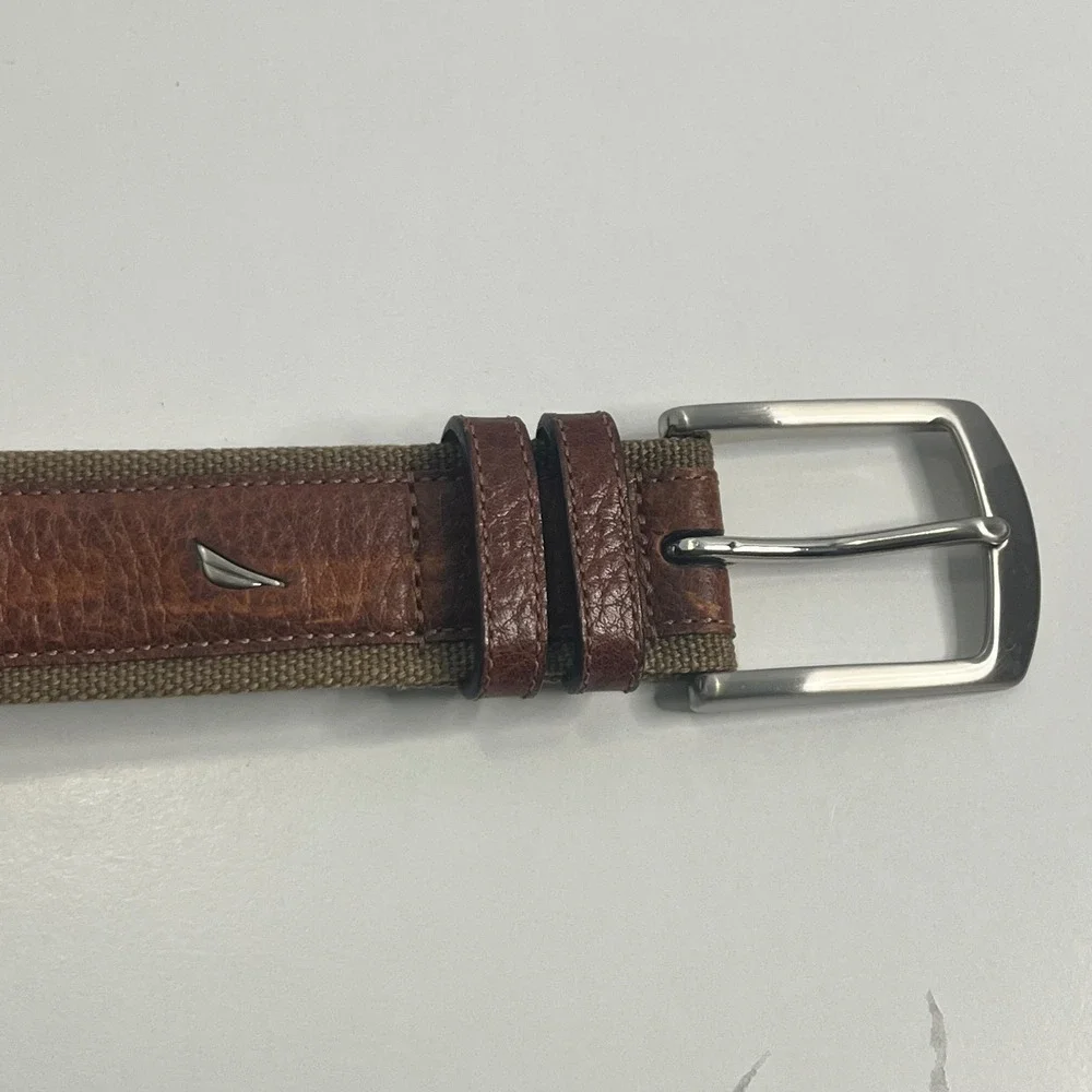 Nautica Mens Brown Leather Khaki Canvas Webbing Belt Size 38 GDB Silver Buckle